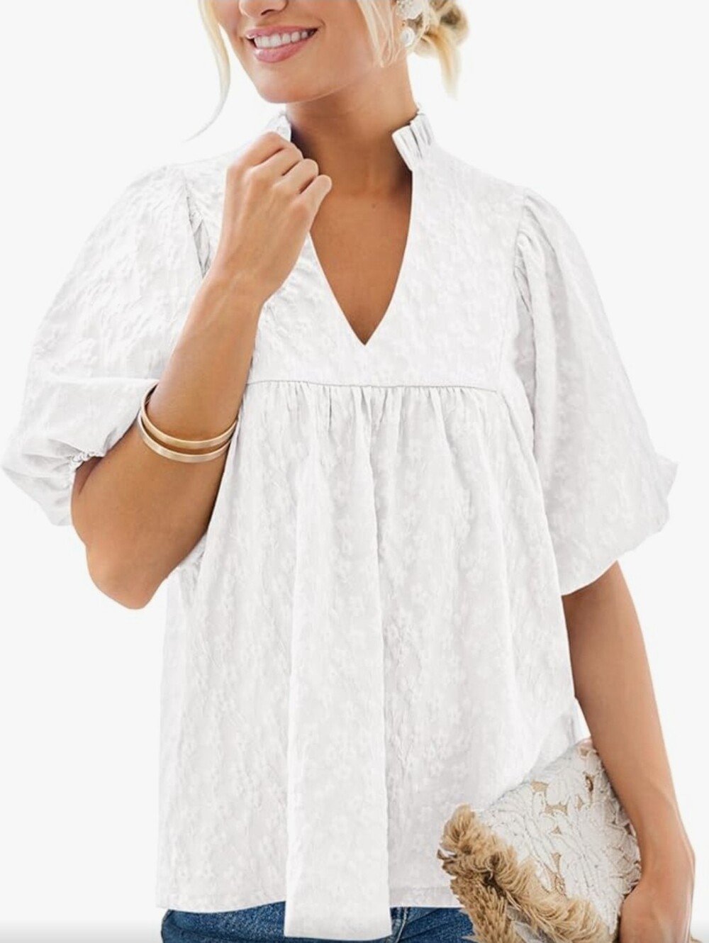 Cream Textured V-Neck Puff Sleeve Top